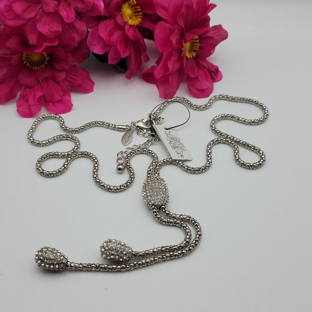Chico's Silver Tone Crystal Tassel Necklace Brilliant Cut Chain 36" Adjustable